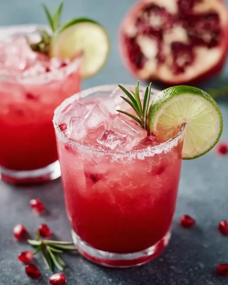 A refreshing Pomegranate Paloma cocktail garnished with lime and pomegranate seeds.