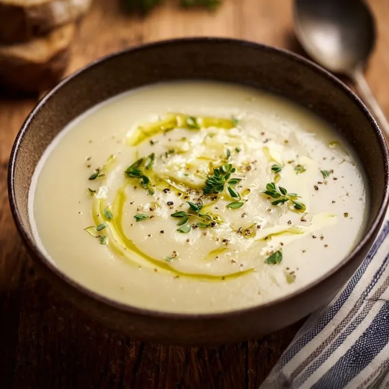 A bowl of creamy potato leek soup topped with fresh herbs