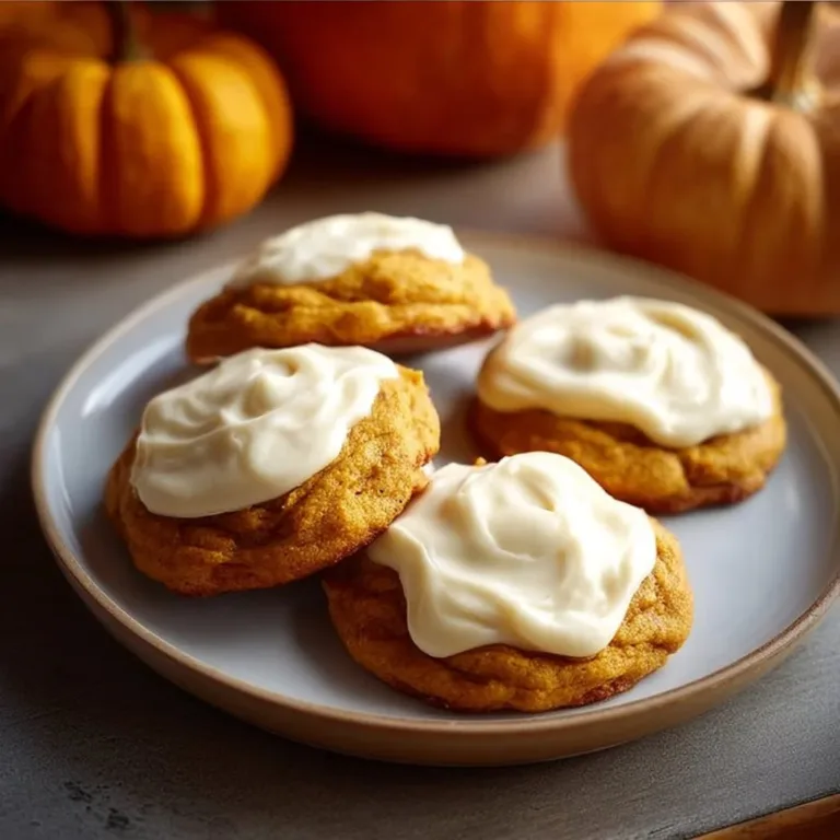 Delicious pumpkin cookies topped with cream cheese frosting on a white plate