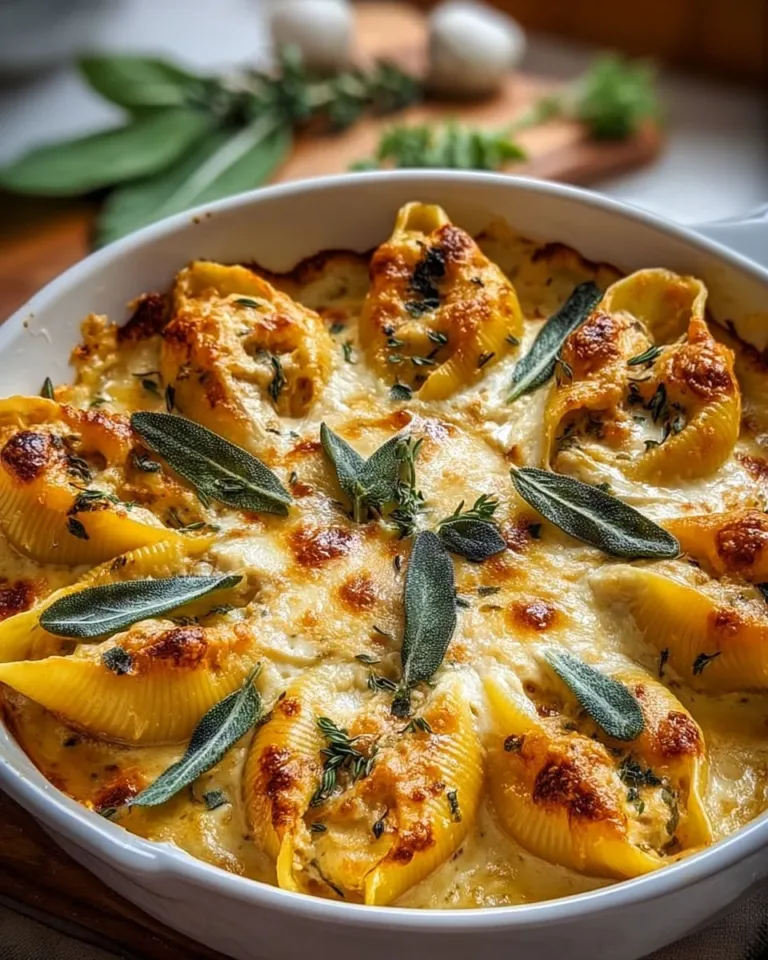 Pumpkin and gouda stuffed shells with brown butter and sage Alfredo sauce