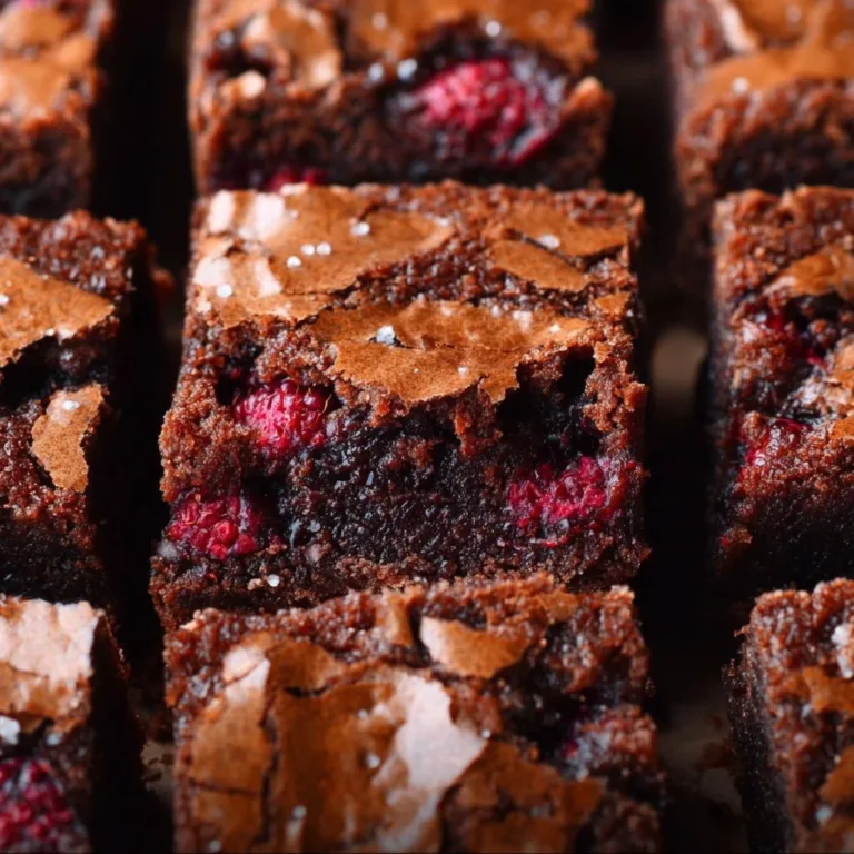 Decadent raspberry brownies topped with fresh raspberries and chocolate