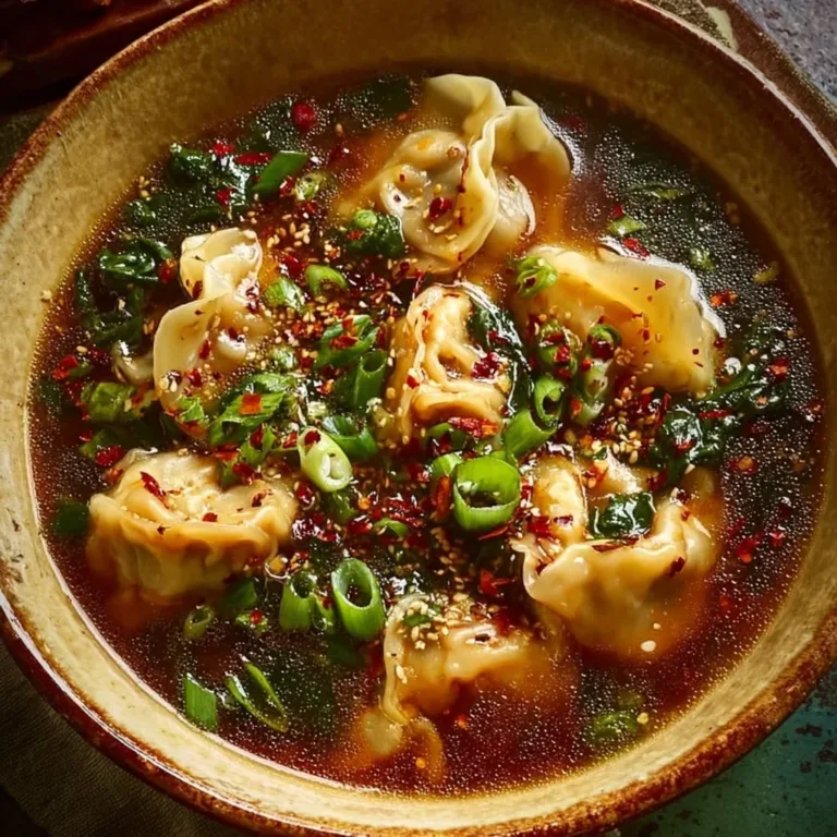 Bowl of Savory Asian Potsticker Soup garnished with herbs