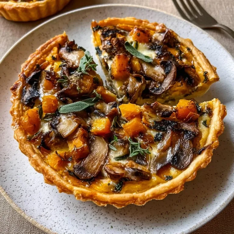 Savory pumpkin sage and mushroom tart with a golden crust
