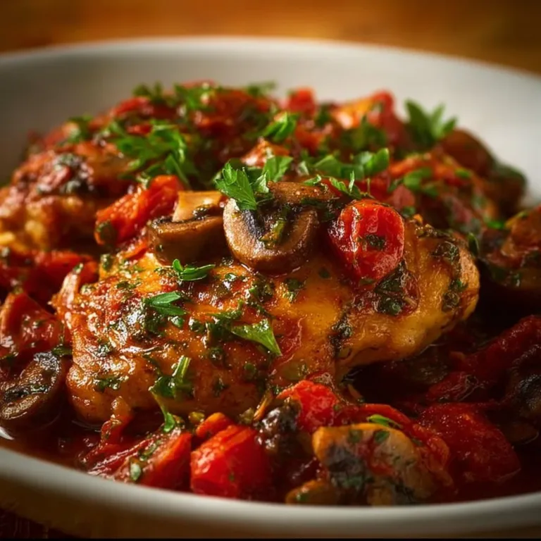 Slow Cooker Chicken Cacciatore served with herbs and vegetables