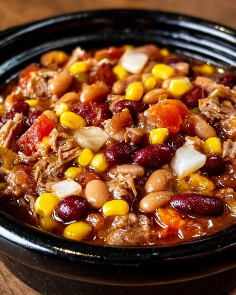 Bowl of slow cooker cowboy beans with onions and spices