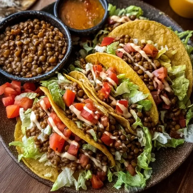 Slow Cooker Lentil Tacos topped with fresh ingredients in a taco shell
