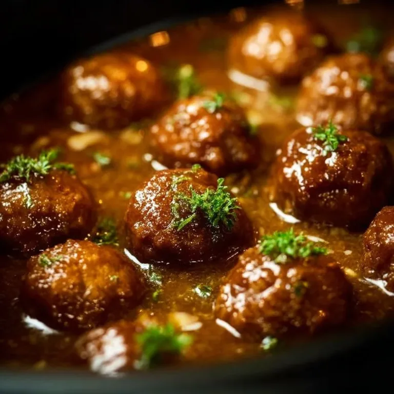 Slow Cooker meatballs simmering in savory gravy