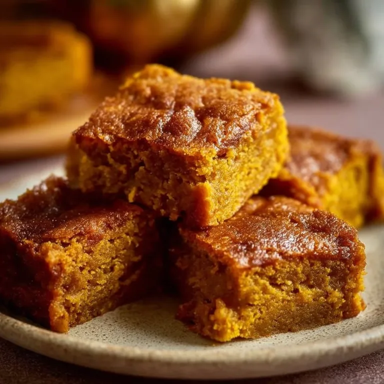 Delicious spiced baked pumpkin blondies topped with spices and pumpkin puree.