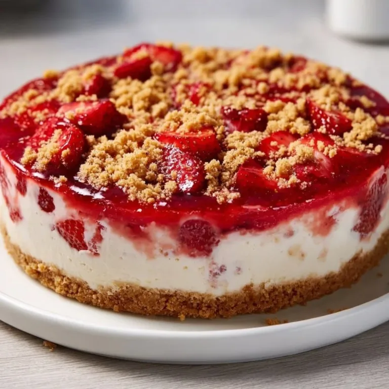 Delicious strawberry shortcake cheesecake topped with fresh strawberries and cream