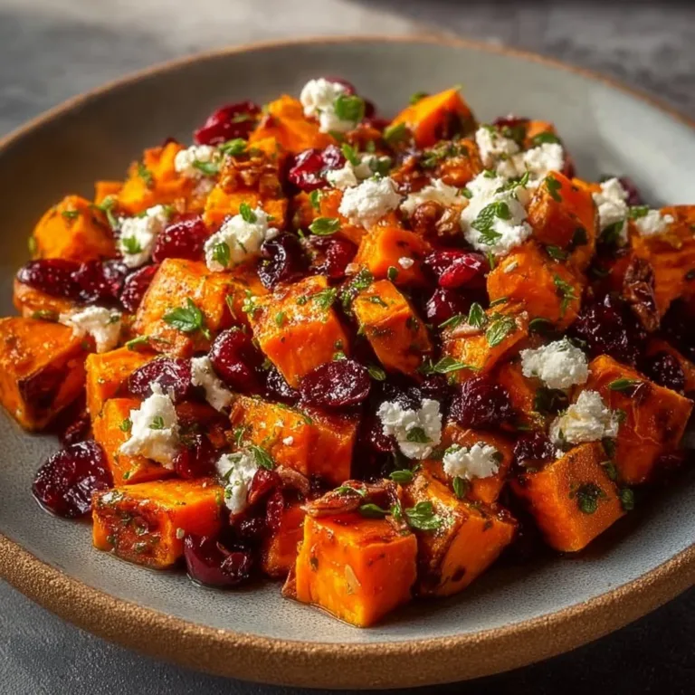 Sweet potato salad with cranberries and goat cheese in a bowl