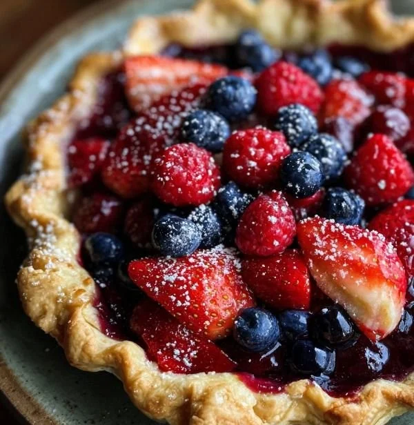 A delicious triple berry pie topped with fresh berries and flaky crust.