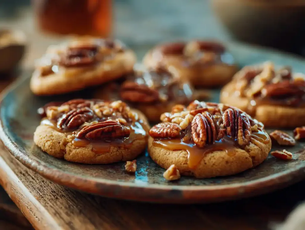 Home 24 Soft and Easy Pecan Pie Cookies with a buttery base and gooey pecan filling on a baking sheet
