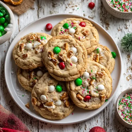 Freshly baked Christmas Kitchen Sink Cookies with a sweet and salty blend of colorful candies, crunchy chips, and white chocolate melting on top