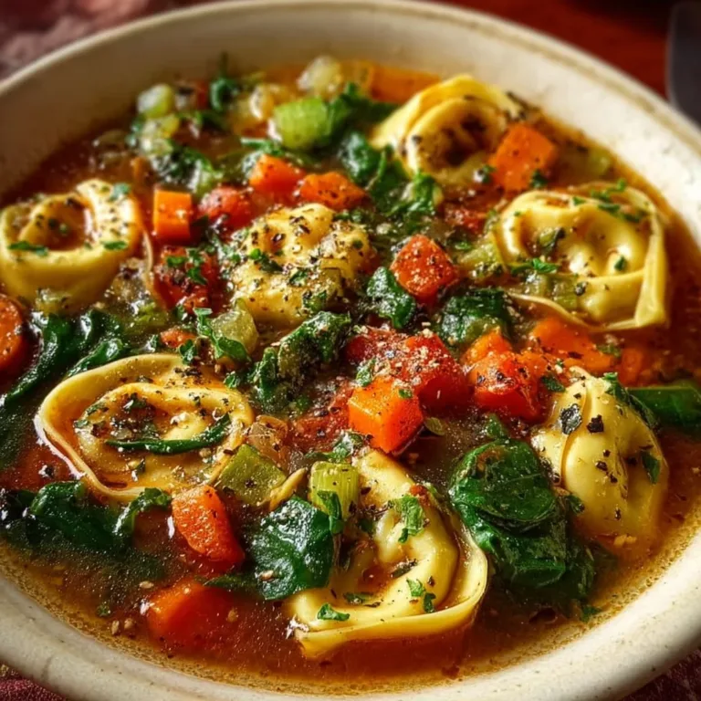 Bowl of delicious Veggie Tortellini soup with fresh vegetables