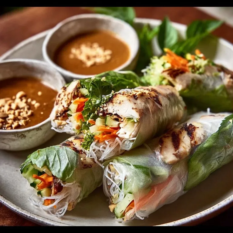 Vietnamese Chicken Summer Rolls served with dipping sauce, showcasing fresh ingredients.