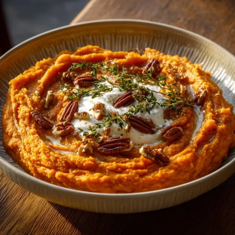 Creamy whipped sweet potatoes with maple syrup and mascarpone cheese presentation