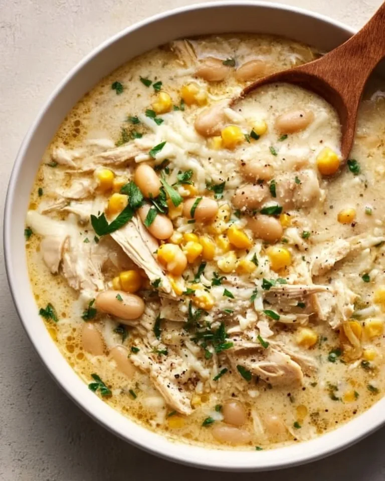 Delicious bowl of white chicken chili topped with cilantro and cheese