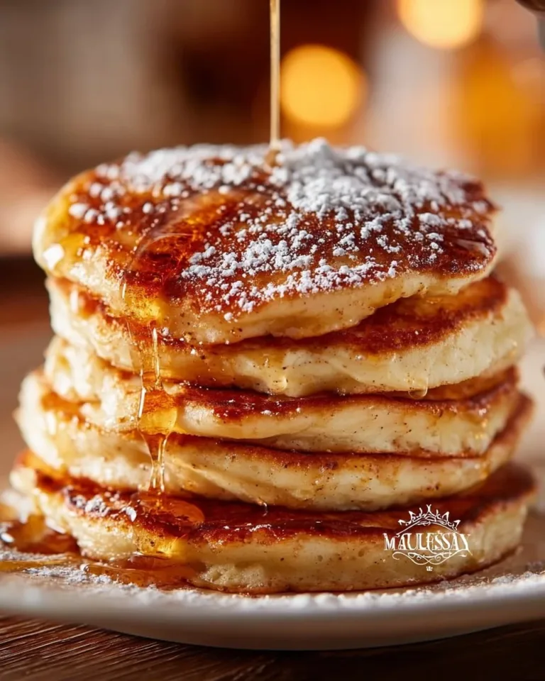 Fluffy Apple Cinnamon Pancakes stacked on a plate with syrup and apples