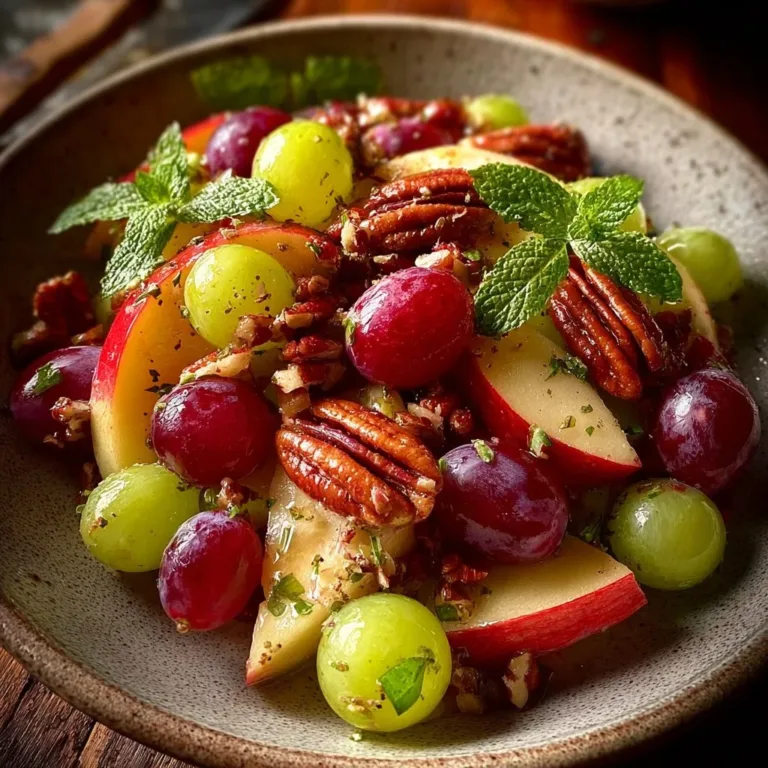 A delicious apple salad with grapes and pecans served in a bowl.