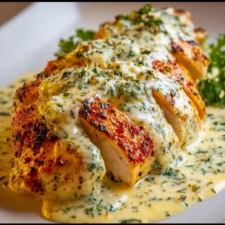 Baked Caesar Chicken with Creamy Parmesan Sauce on a white plate