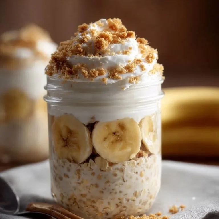 A bowl of Banana Cream Pie Overnight Oats topped with banana slices and cream.