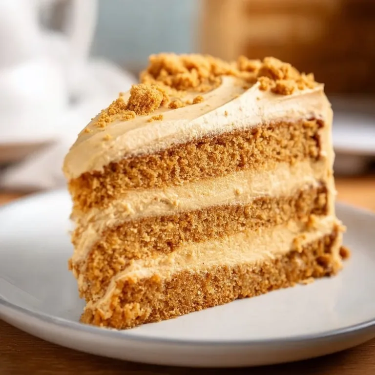 Delicious Biscoff Cake with caramel frosting and cookie crumble topping