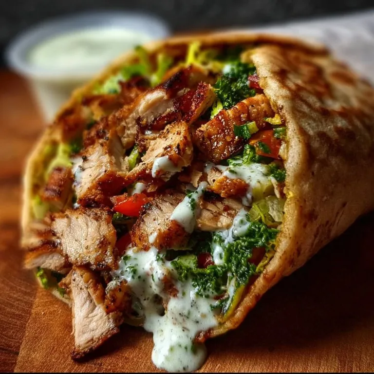 Delicious Chicken Shawarma wrapped in pita with fresh vegetables and sauce.