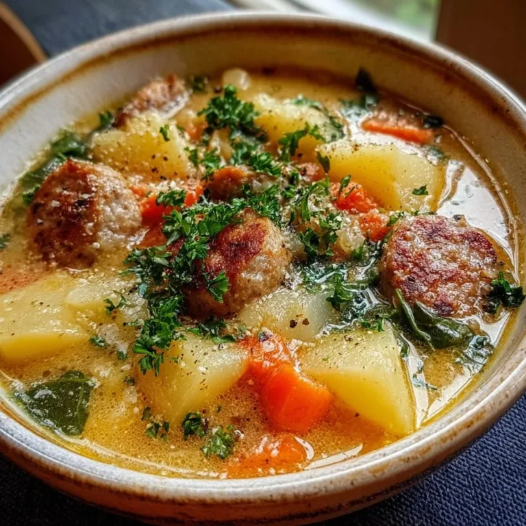 Bowl of cozy sausage potato soup with fresh herbs on top.