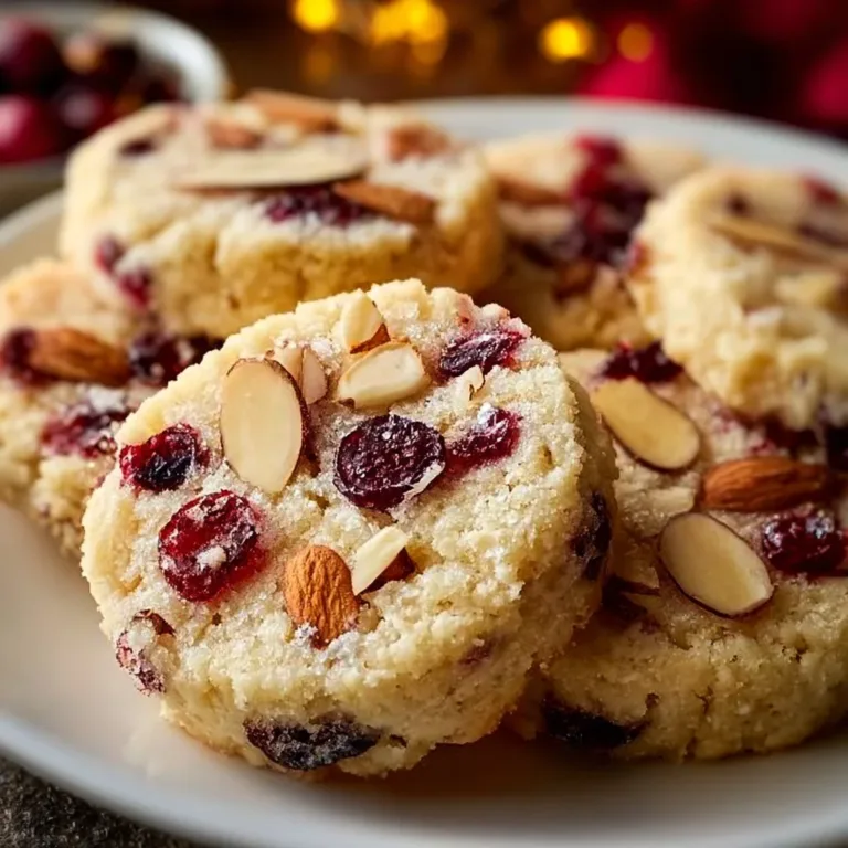 Cranberry almond shortbread cookies arranged on a plate
