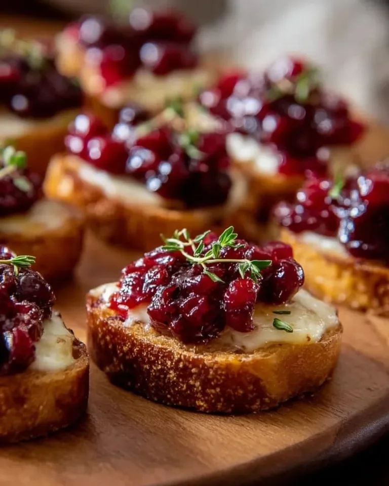 Cranberry Brie Toasts served on a platter, garnished with fresh herbs.