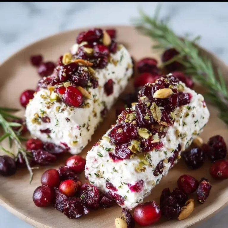 Cranberry goat cheese logs on a rustic platter with fresh herbs
