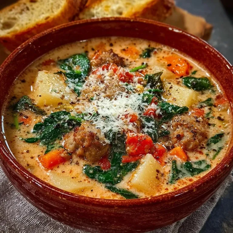 Bowl of creamy Parmesan Italian sausage ditalini soup garnished with herbs