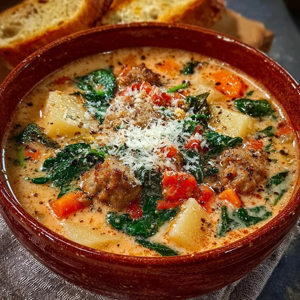 Bowl of creamy Parmesan Italian sausage ditalini soup garnished with herbs