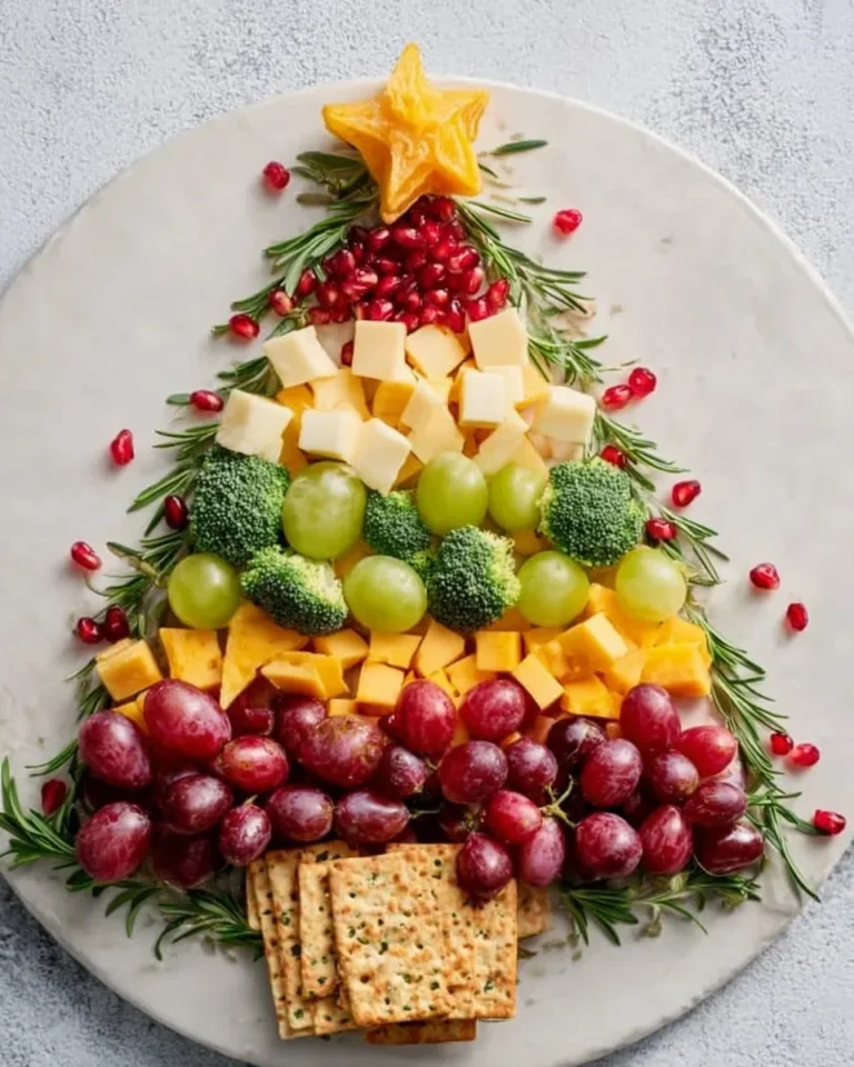 Colorful Evergreen Tree Snack Board featuring various festive snacks