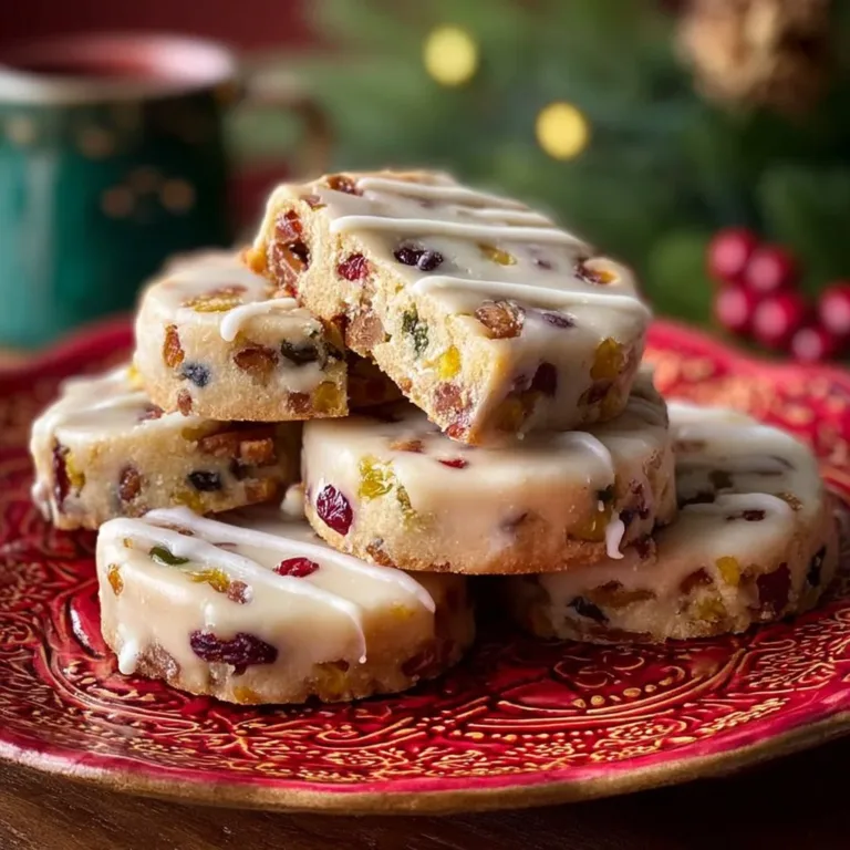Delicious Glazed Fruitcake Shortbread Cookies on a plate with festive decorations