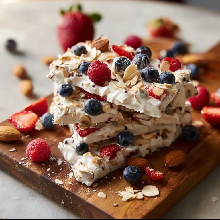 Homemade Greek Yogurt Protein Bark topped with nuts and fruits.