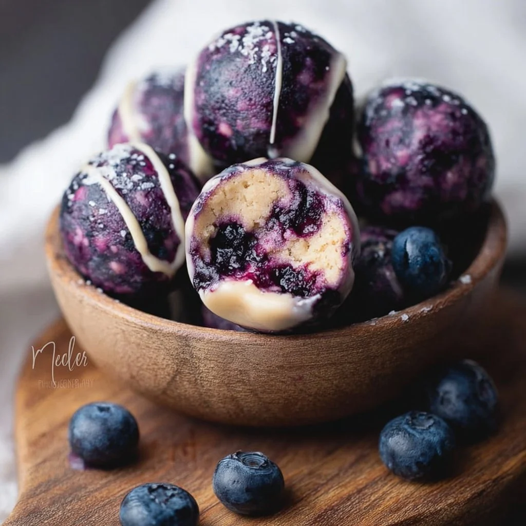 Guilt-free blueberry cheesecake protein bites in a bowl