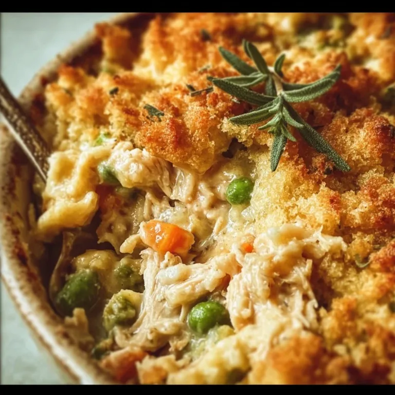 Delicious leftover turkey casserole topped with cheese and herbs