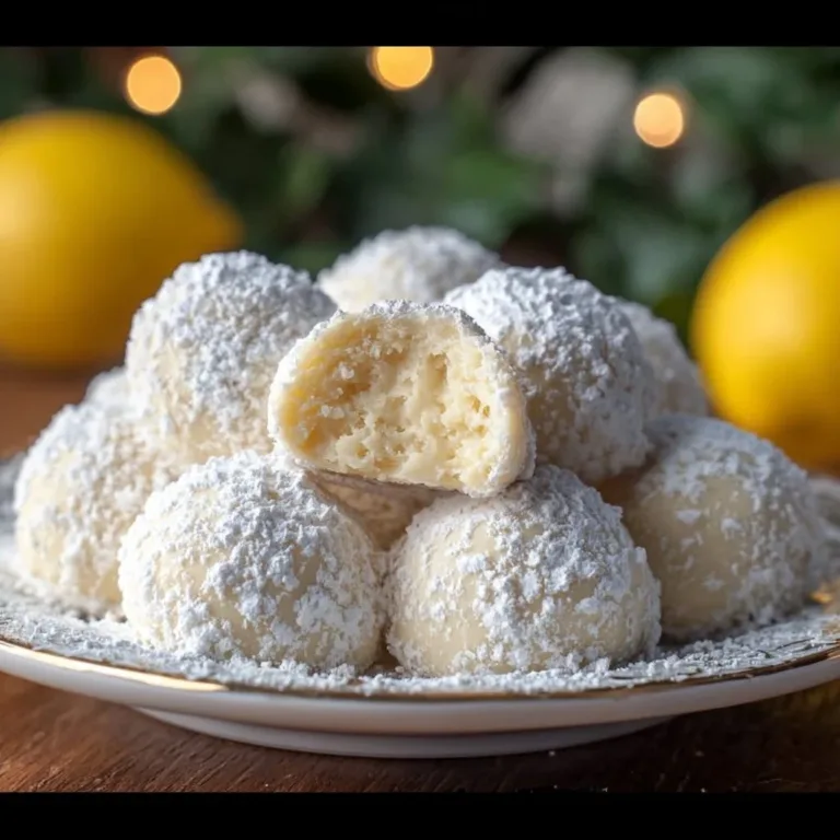 Plate of Lemon Cream Snowball Cookies dusted with powdered sugar