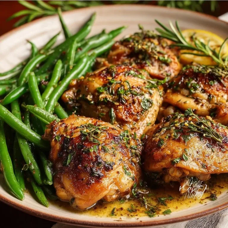 Lemon Garlic Butter Thighs served with green beans in a skillet