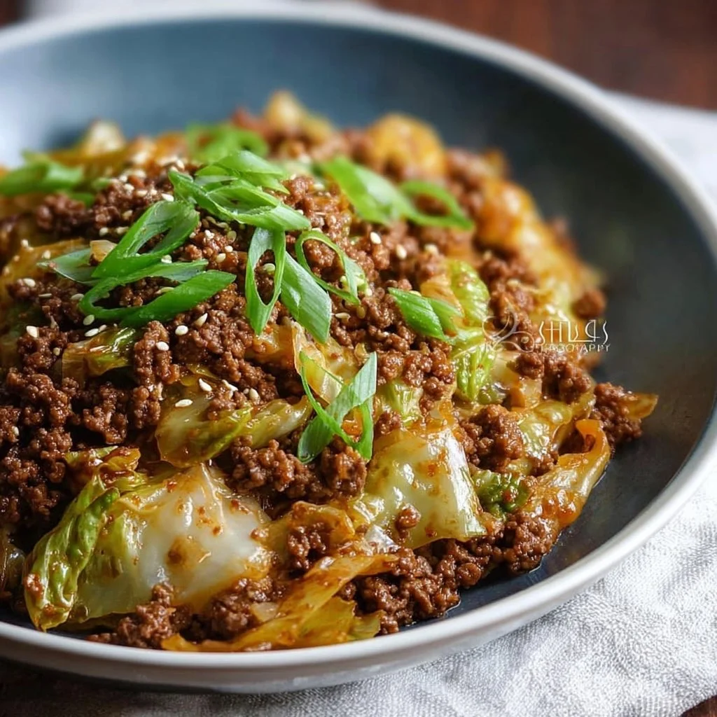 Low carb Mongolian ground beef served with cabbage for a healthy meal.