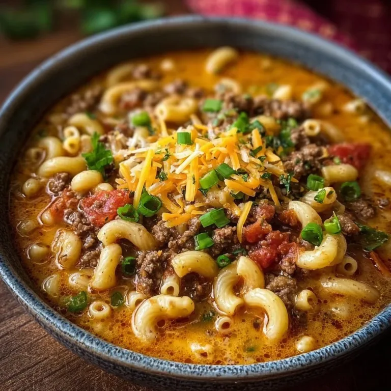 Delicious Mac & Cheese Burger Soup topped with cheese and garnish
