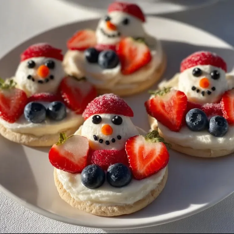 Melting snowman fruit pizza topped with colorful fruits and cream.