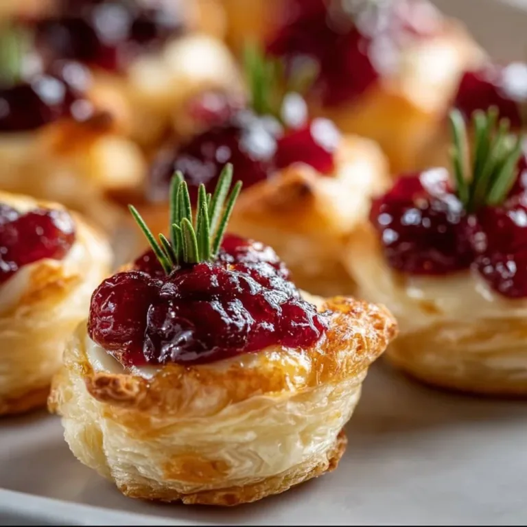 Mini cranberry brie bites with puff pastry on a white plate