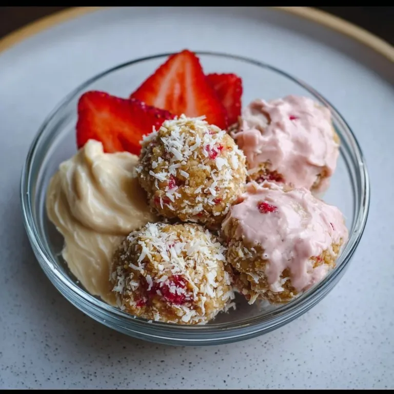 No-bake strawberry cheesecake protein balls on a white plate