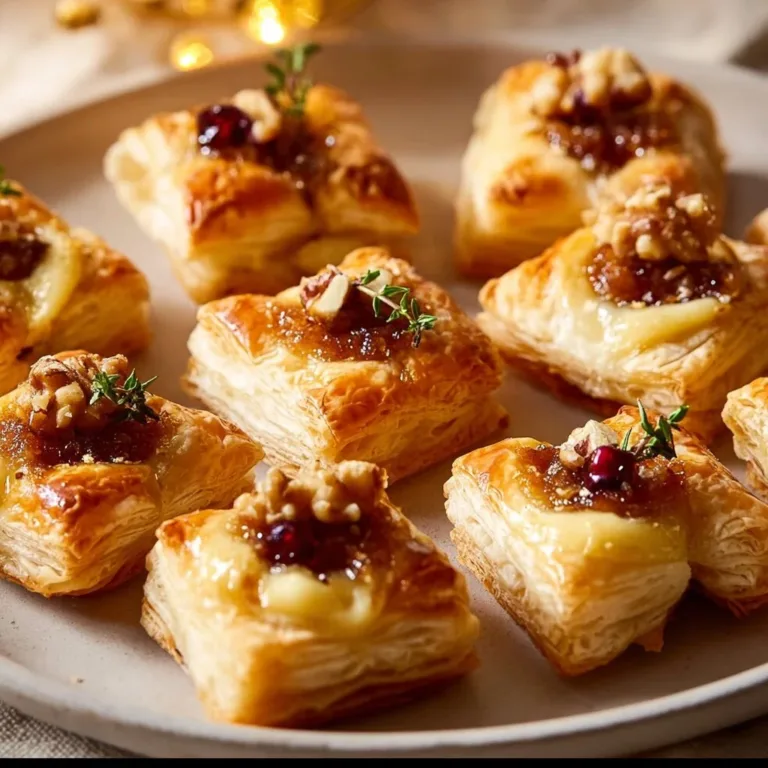Delicious Puff Pastry Brie Bites topped with herbs on a platter