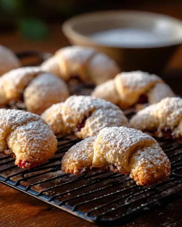 Plate of freshly baked Raspberry Almond Crescent Cookies with a dusting of powdered sugar.