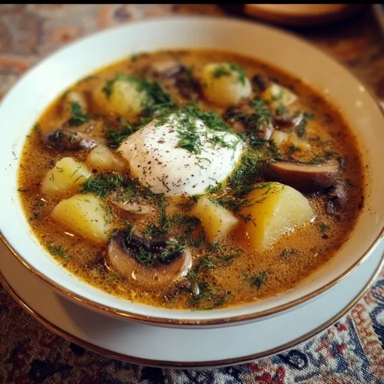 Bowl of Russian Potato and Mushroom Soup garnished with herbs