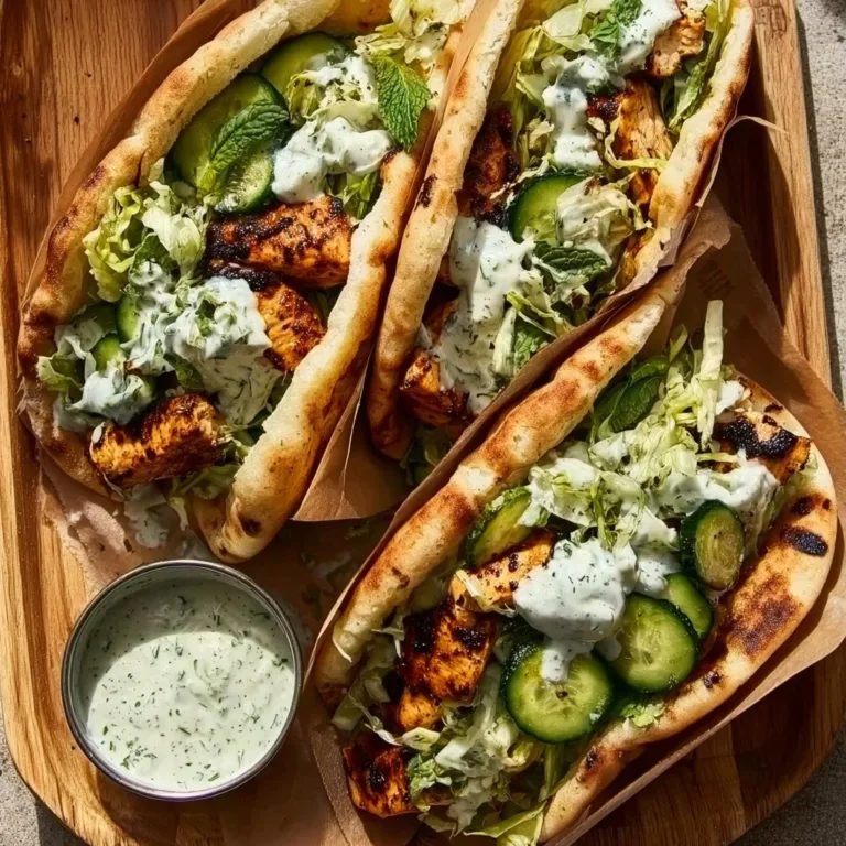 Sheet pan chicken pitas topped with herby ranch dressing and fresh vegetables.