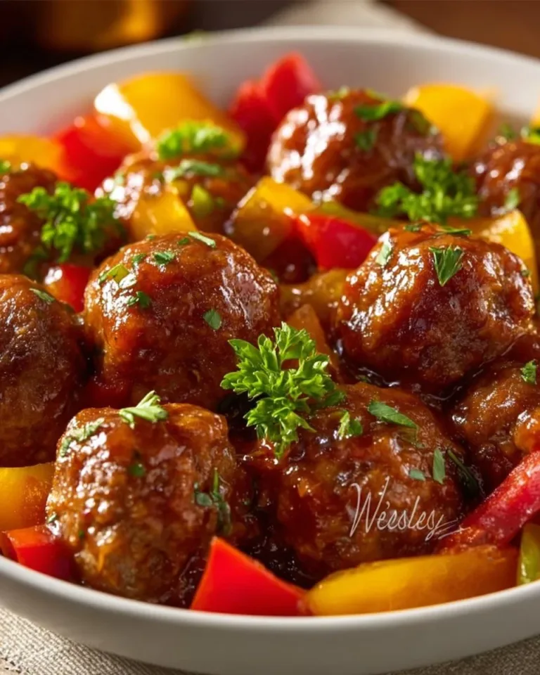 Plate of Sweet and Sour Meatballs garnished with pineapple and peppers